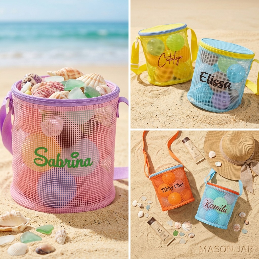 Personalized Embroidery Seashell Zipper Mesh Beach Bucket | CWBeach114