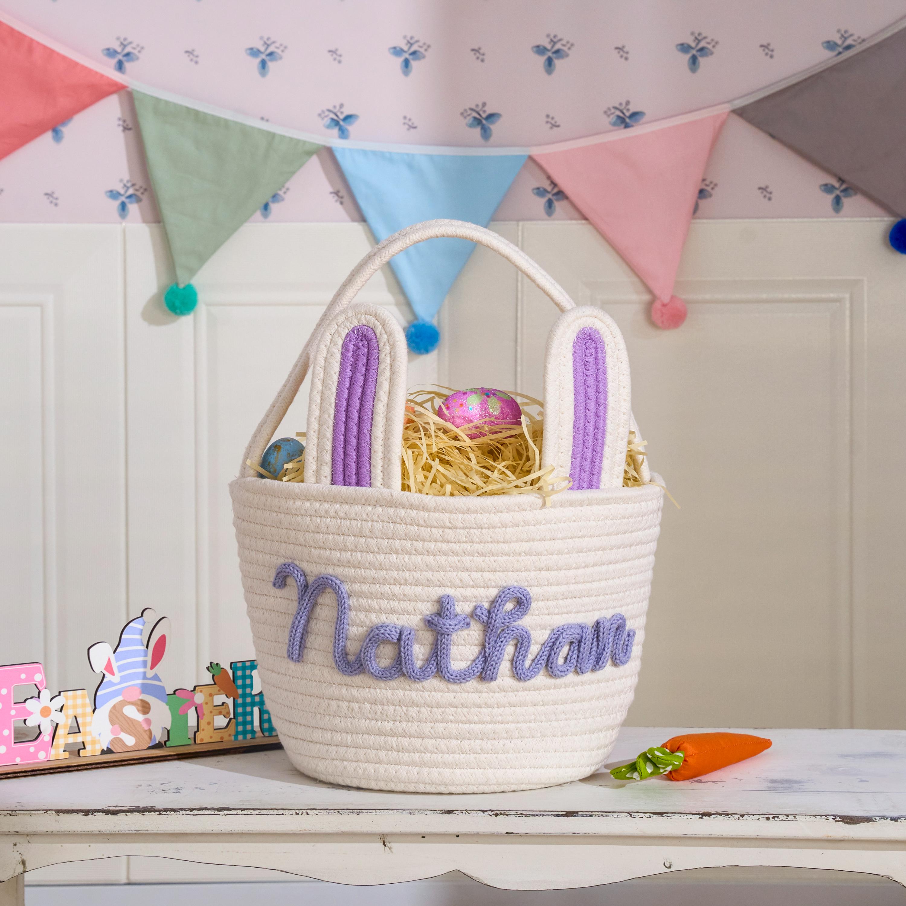 Personalized Hand-embroidered Bunny Easter Basket | CWEaster81
