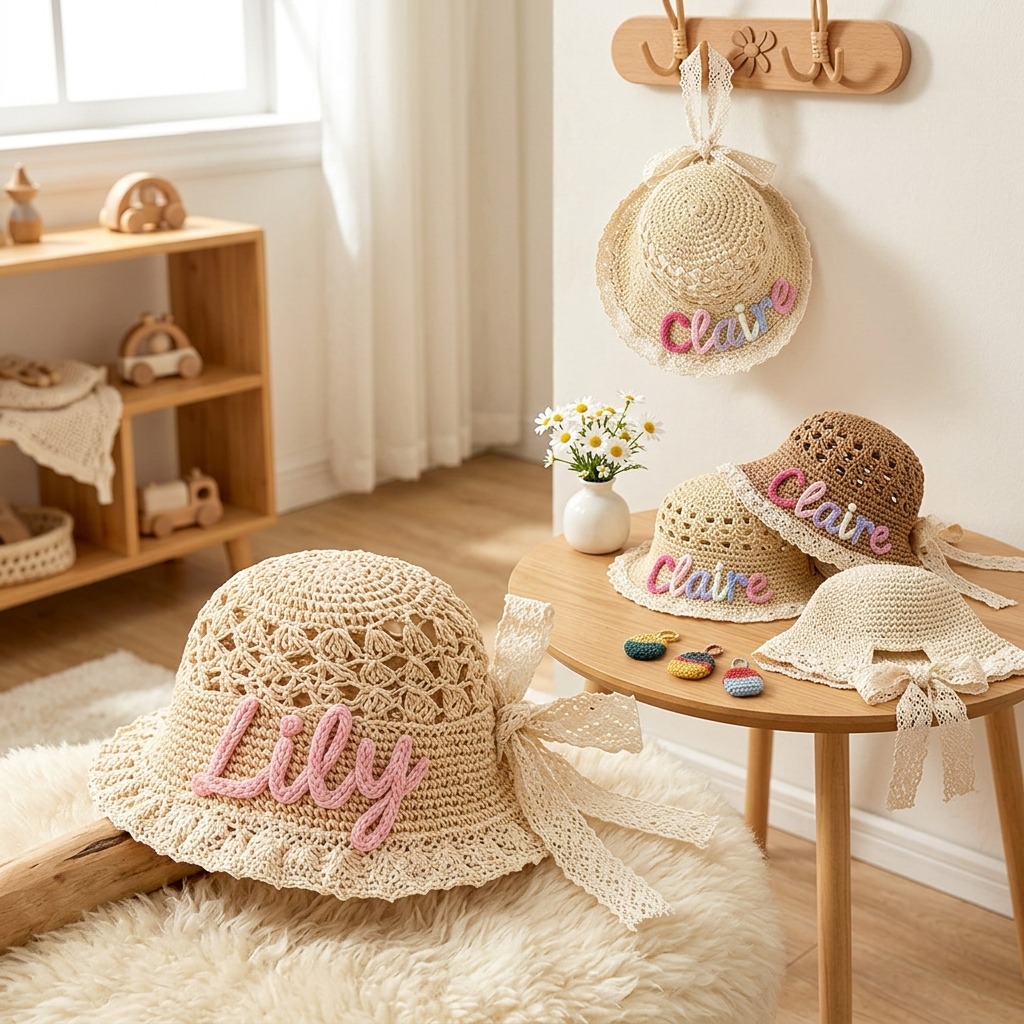 Personalized Hand Embroidered Crochet Straw Sun Hat | CWBeach248