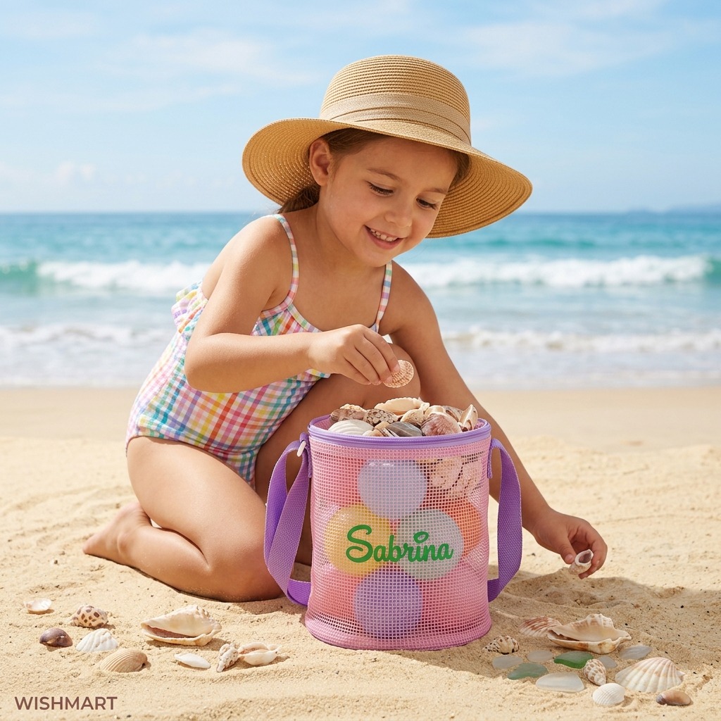 Personalized Embroidery Seashell Zipper Mesh Beach Bucket | CWBeach114