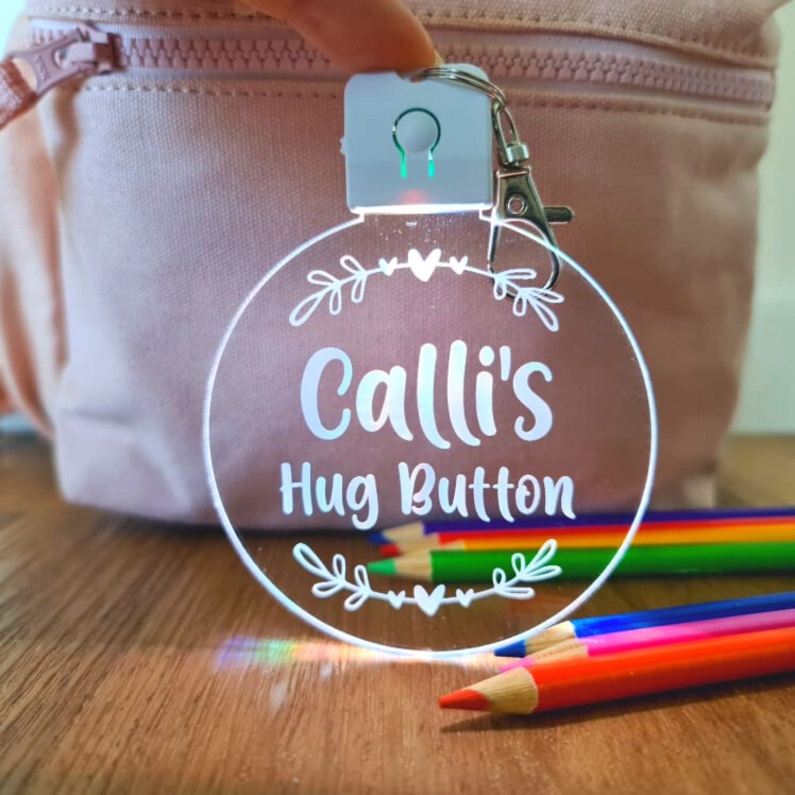 Personalized Name Kids Bag Tag LED Hug Button Keyring | CWToy59