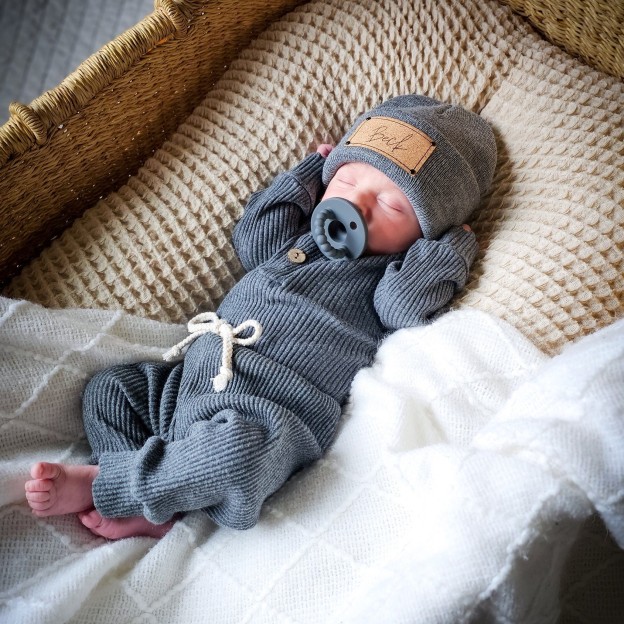 Personalized Leather Patch Baby Beanie Outfit Set | CWBaby84