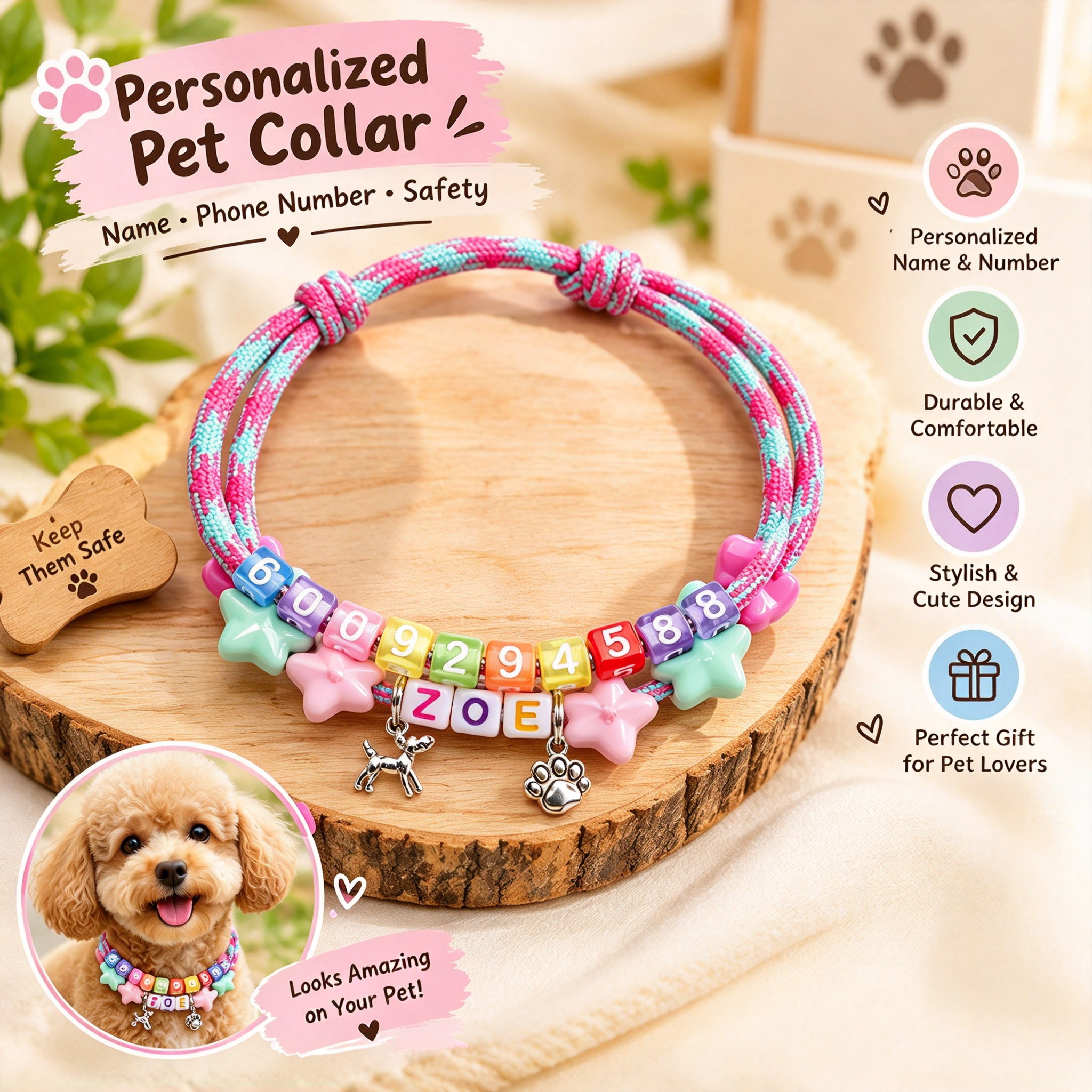 Personalized Colorful Beaded Pet Collar with Name & Phone Number | BKPet652