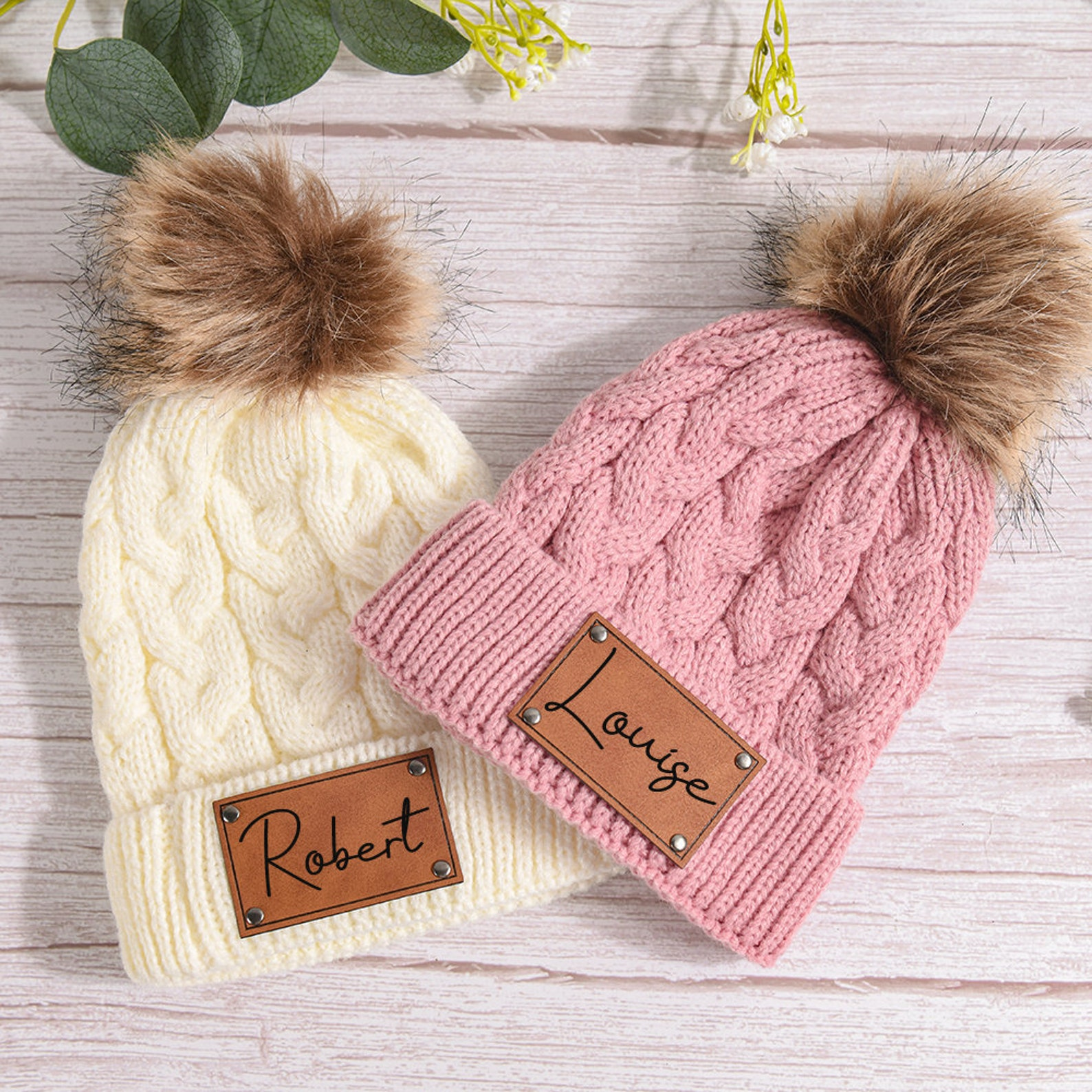 Personalized Leather Patch Pom Pom Hat