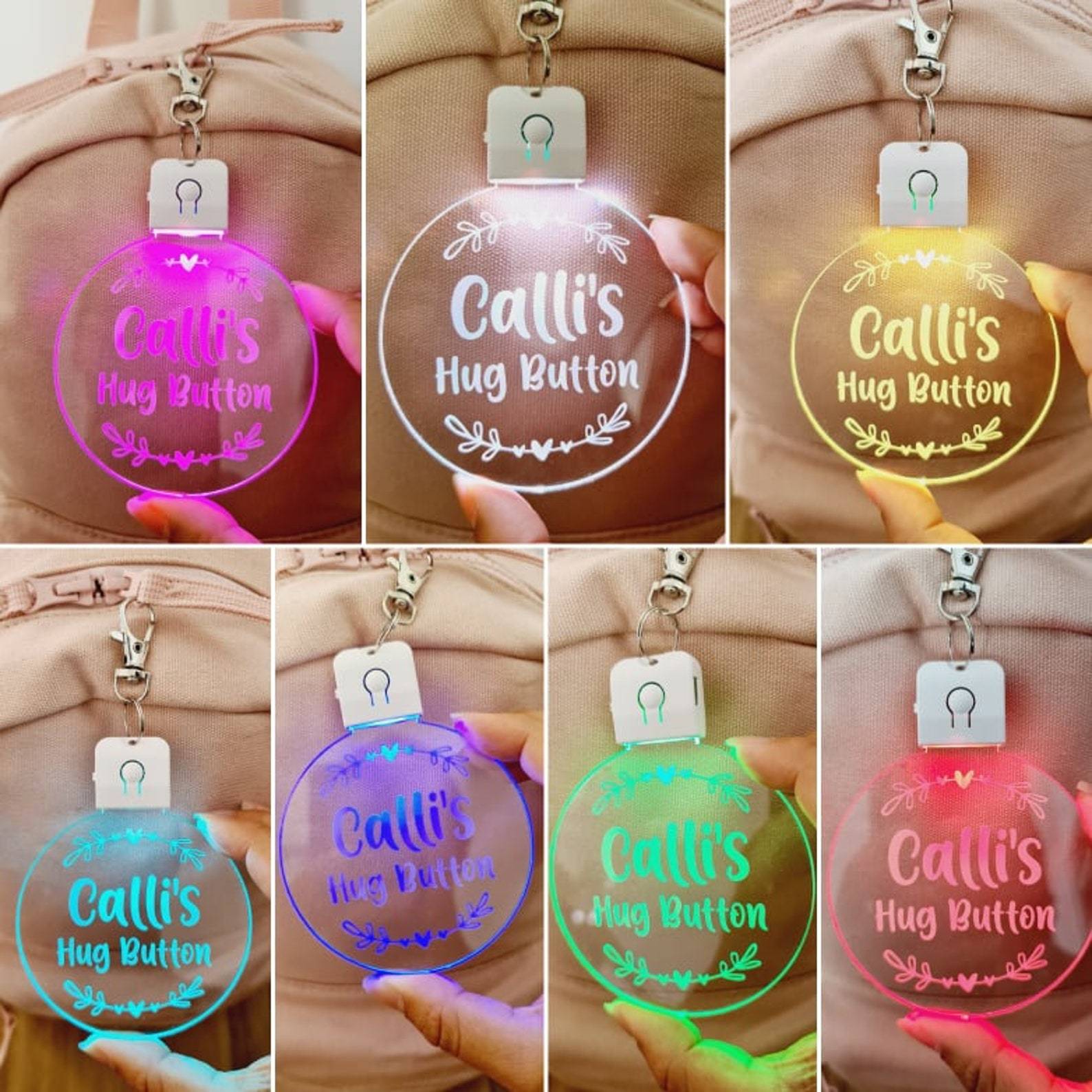 Personalized Name Kids Bag Tag LED Hug Button Keyring | CWToy59