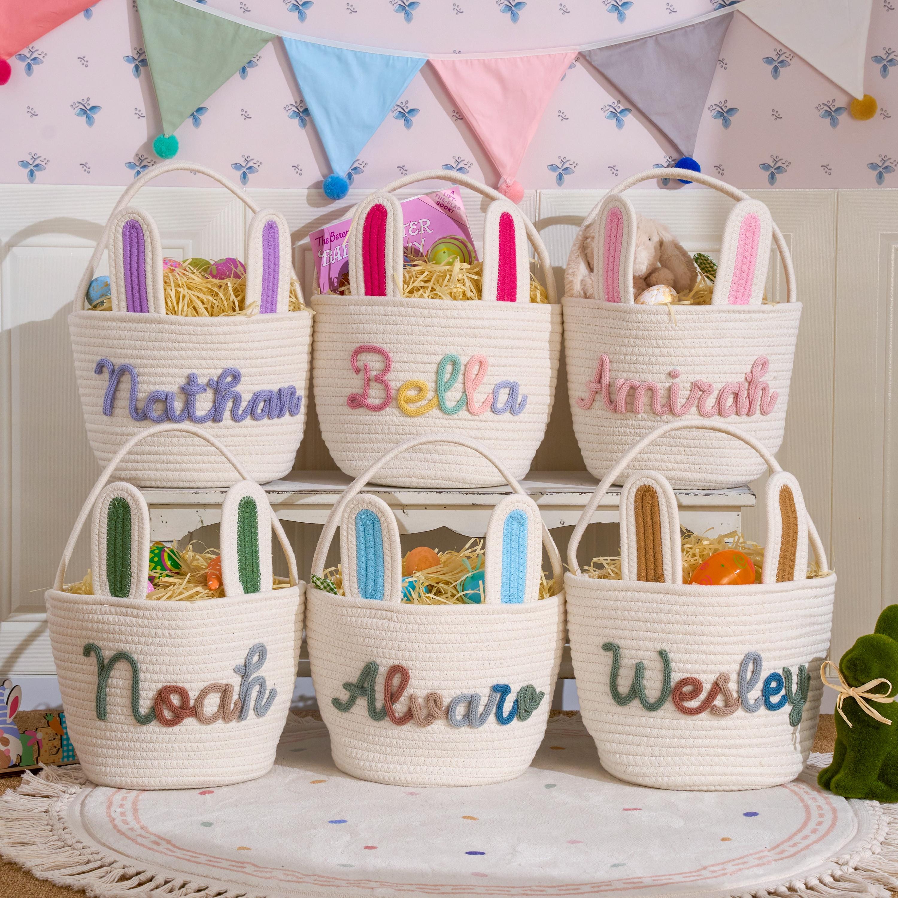 Personalized Hand-embroidered Bunny Easter Basket | CWEaster81