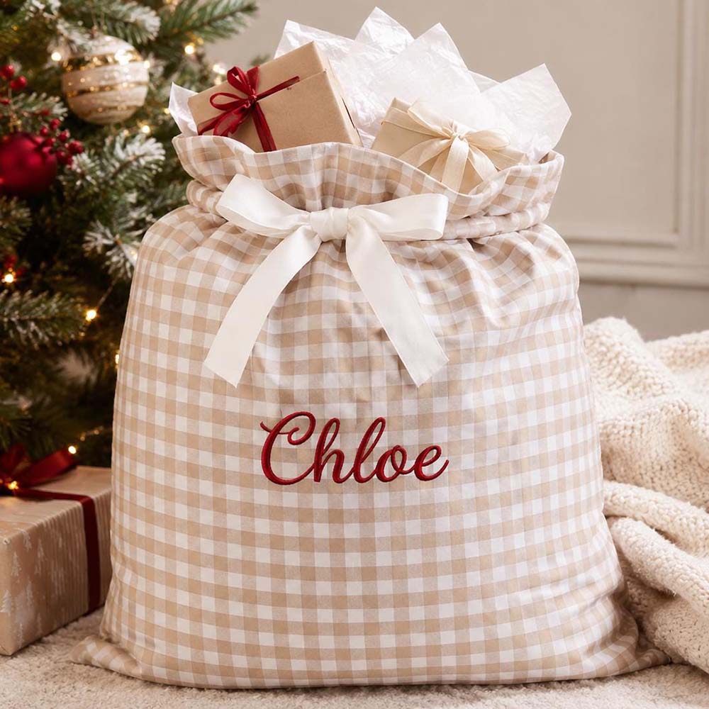 Personalized Embroidered Gingham Santa Gift Bag | MCGift391