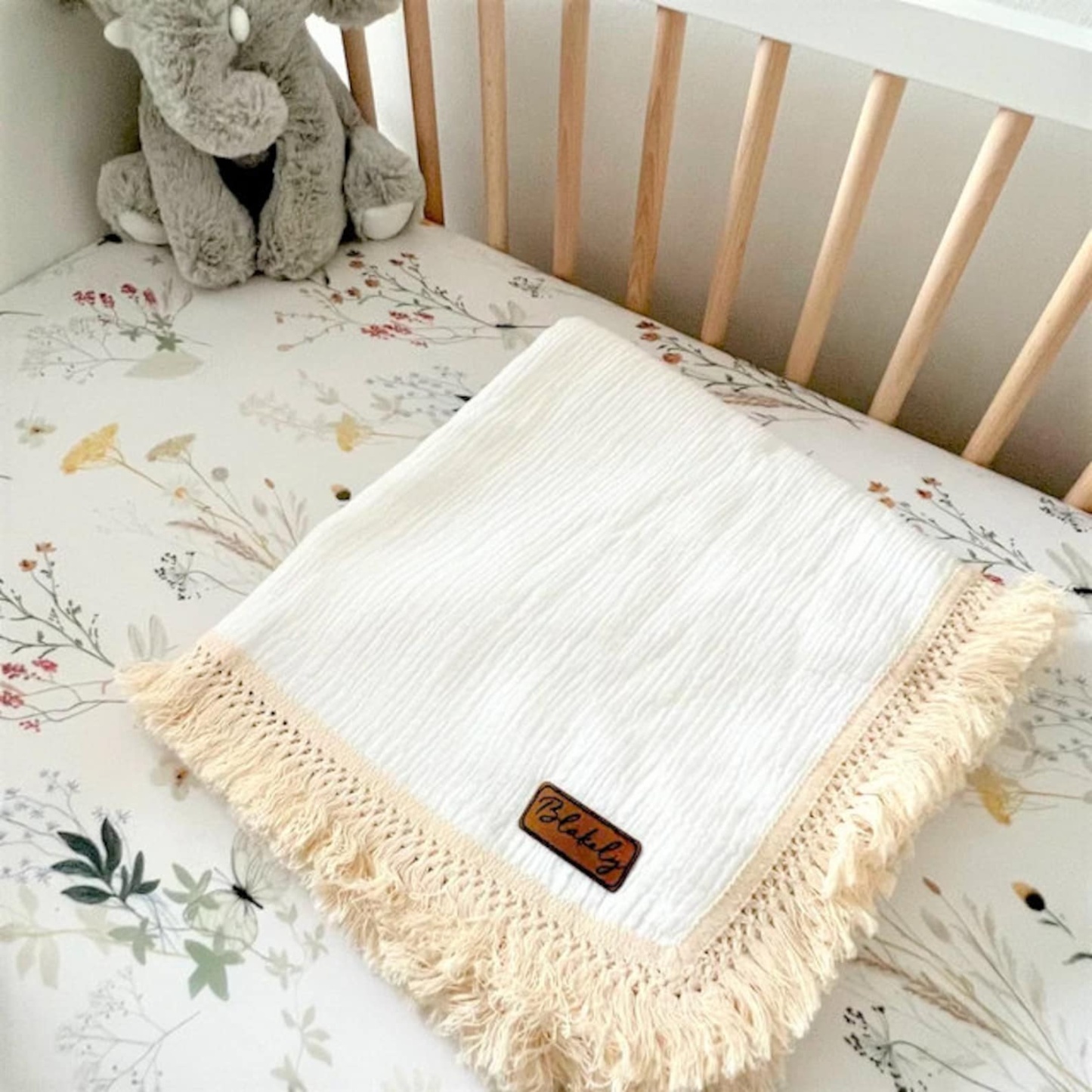 Personalized Fringe Leather Patch Baby Blanket | kkbaby18