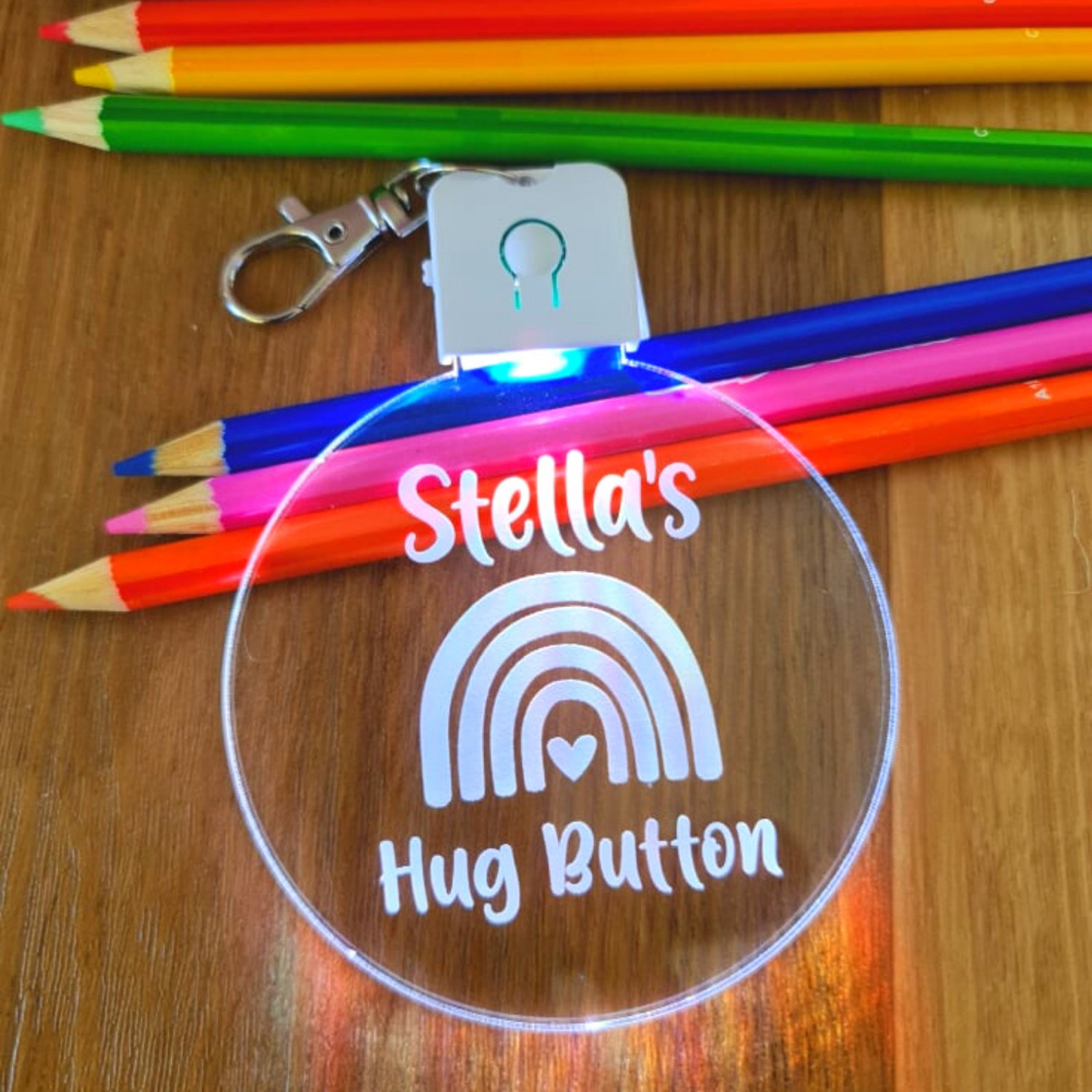 Personalized Name Kids Bag Tag LED Hug Button Keyring | CWToy59