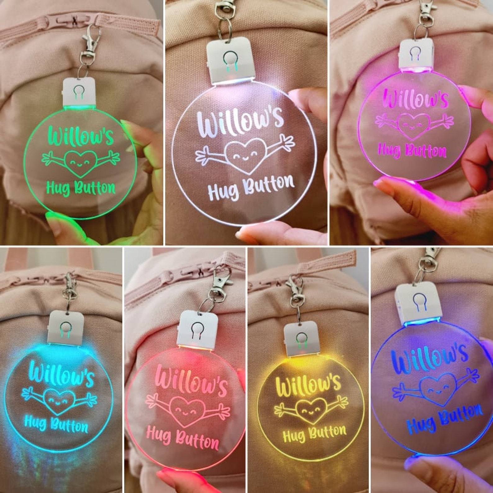 Personalized Name Kids Bag Tag LED Hug Button Keyring | CWToy59