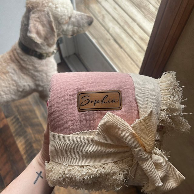 Personalized Fringe Leather Patch Baby Blanket | kkbaby18