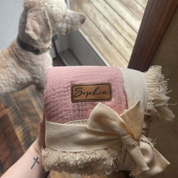 Personalized Fringe Leather Patch Baby Blanket | kkbaby18