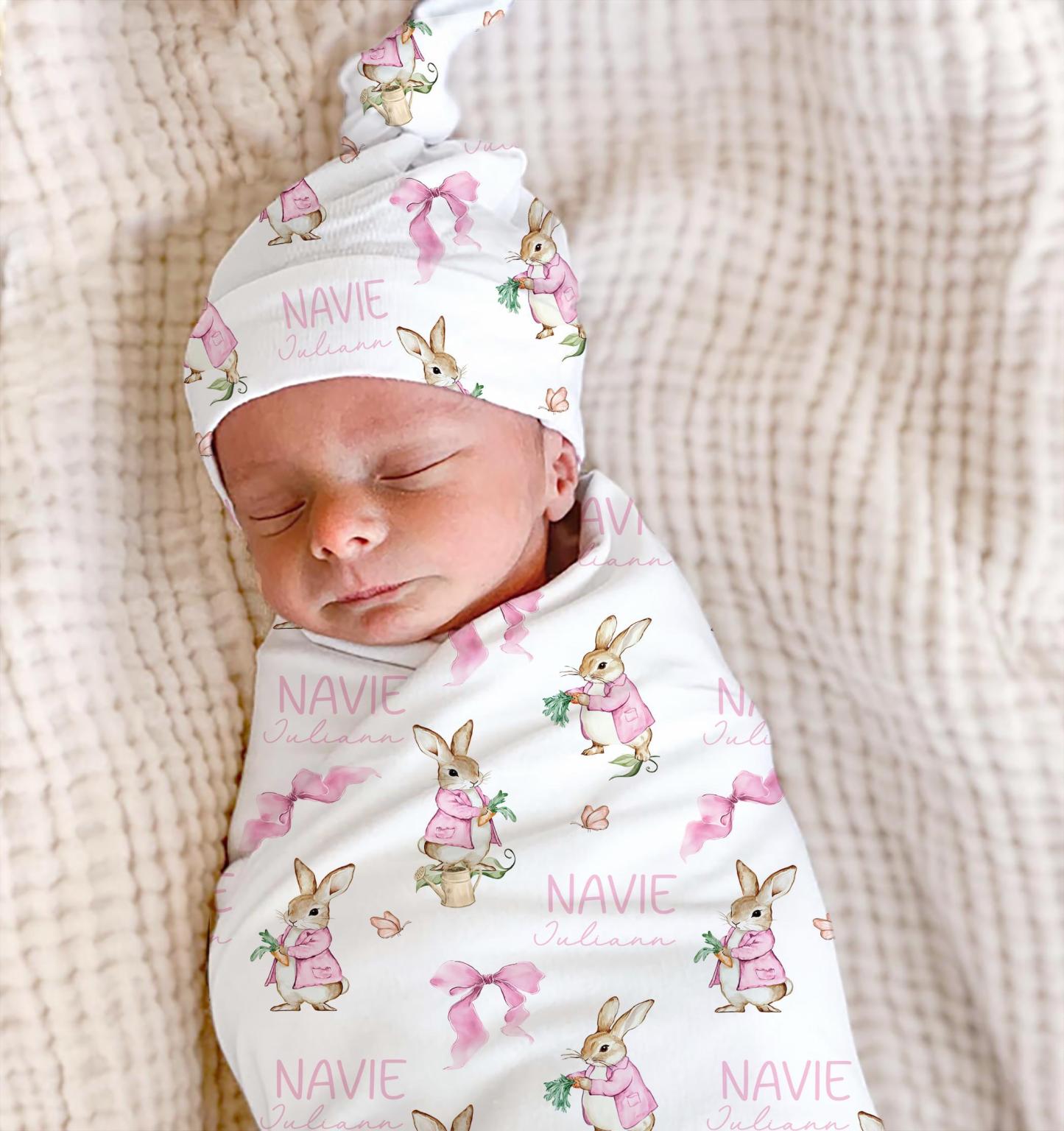 Personalized Bunny Bows Baby Easter Swaddle | BBBlanket37