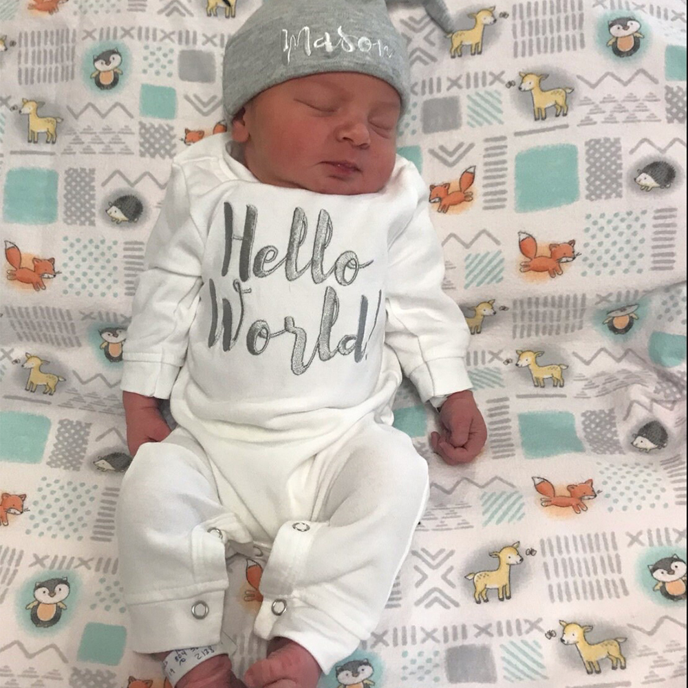 Personalized Embroidery Hello World Baby Coming Home  Ropmer and Hat Set | CWBaby161