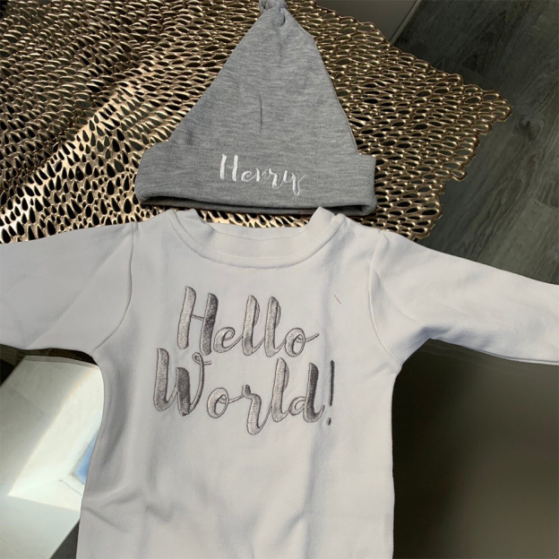 Personalized Embroidery Hello World Baby Coming Home  Ropmer and Hat Set | CWBaby161