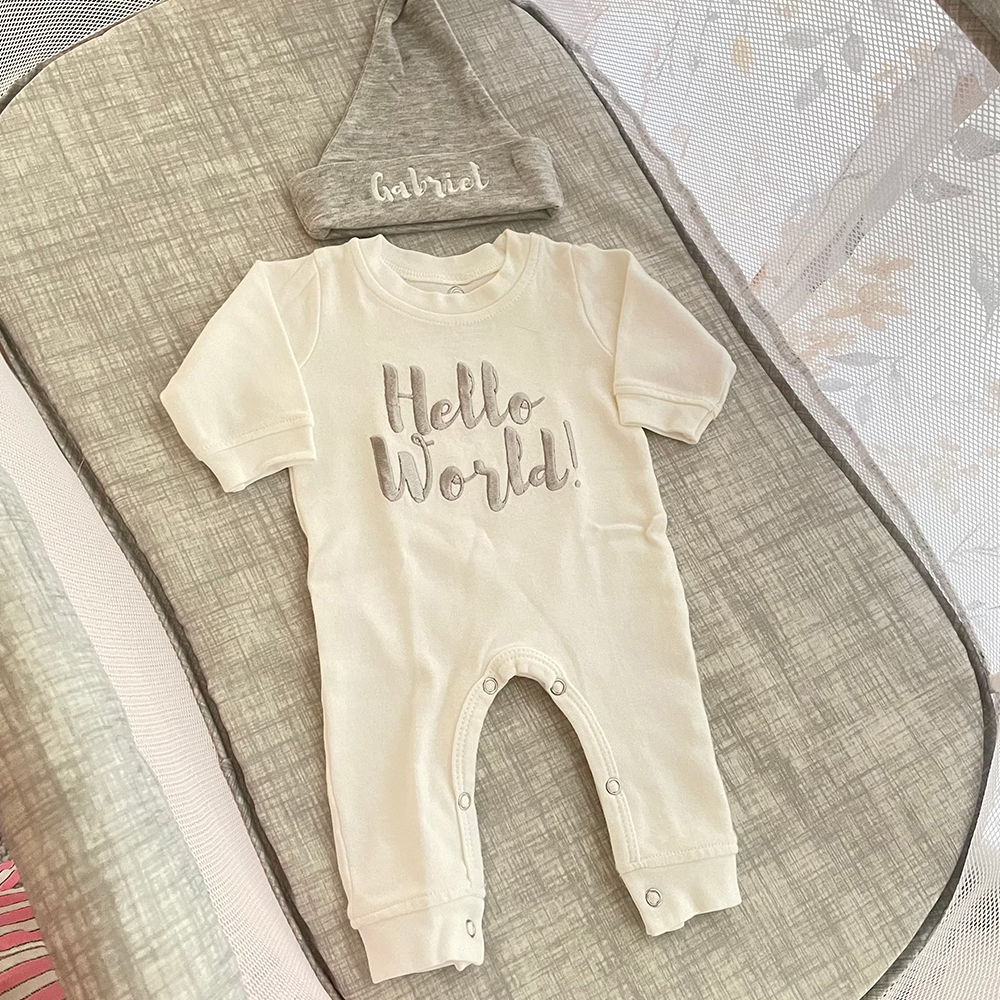Personalized Embroidery Hello World Baby Coming Home  Ropmer and Hat Set | CWBaby161