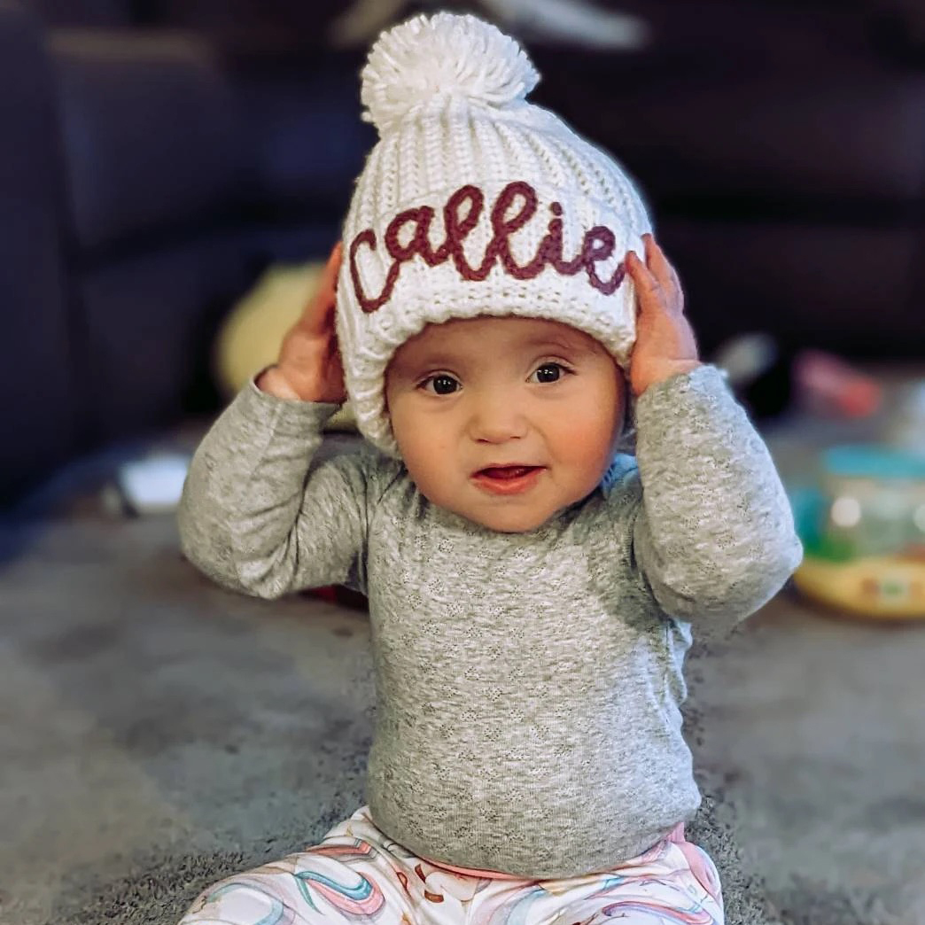 Personalized Hand Embroidery Pom Pom Beanie| HSKid44