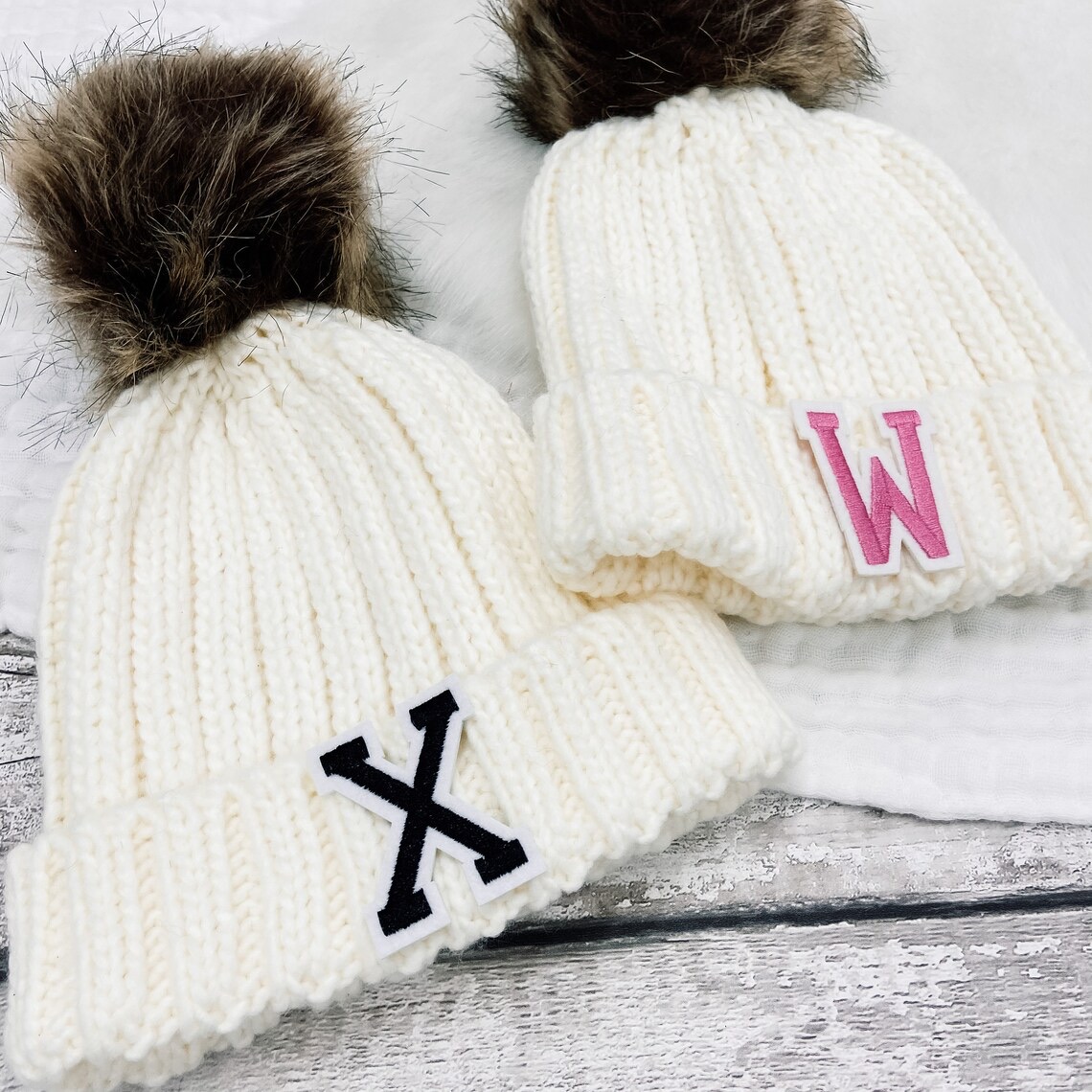 Personalized Initial Patch Pom Pom Beanie Hat | HSKid45