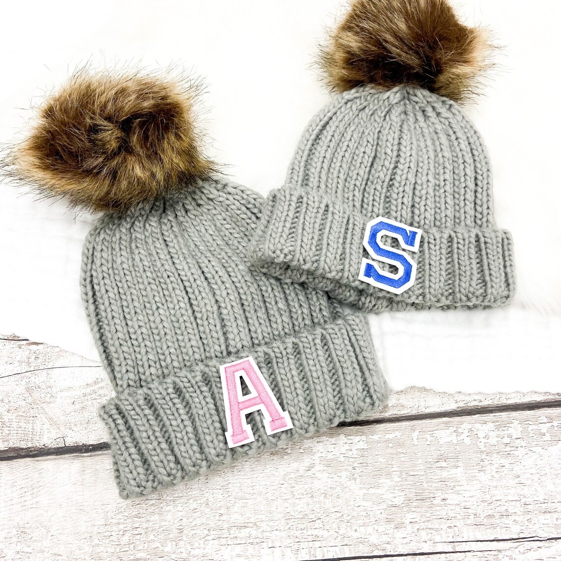 Personalized Initial Patch Pom Pom Beanie Hat | HSKid45