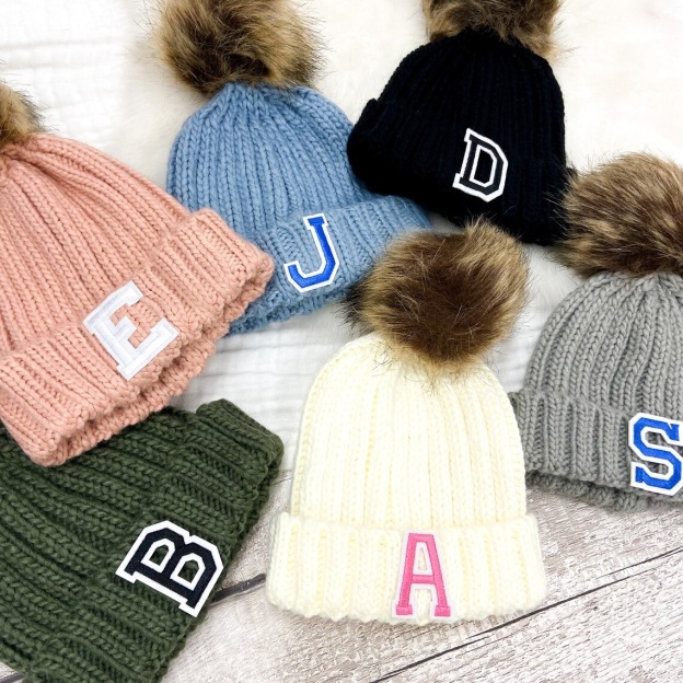 Personalized Initial Patch Pom Pom Beanie Hat | HSKid45