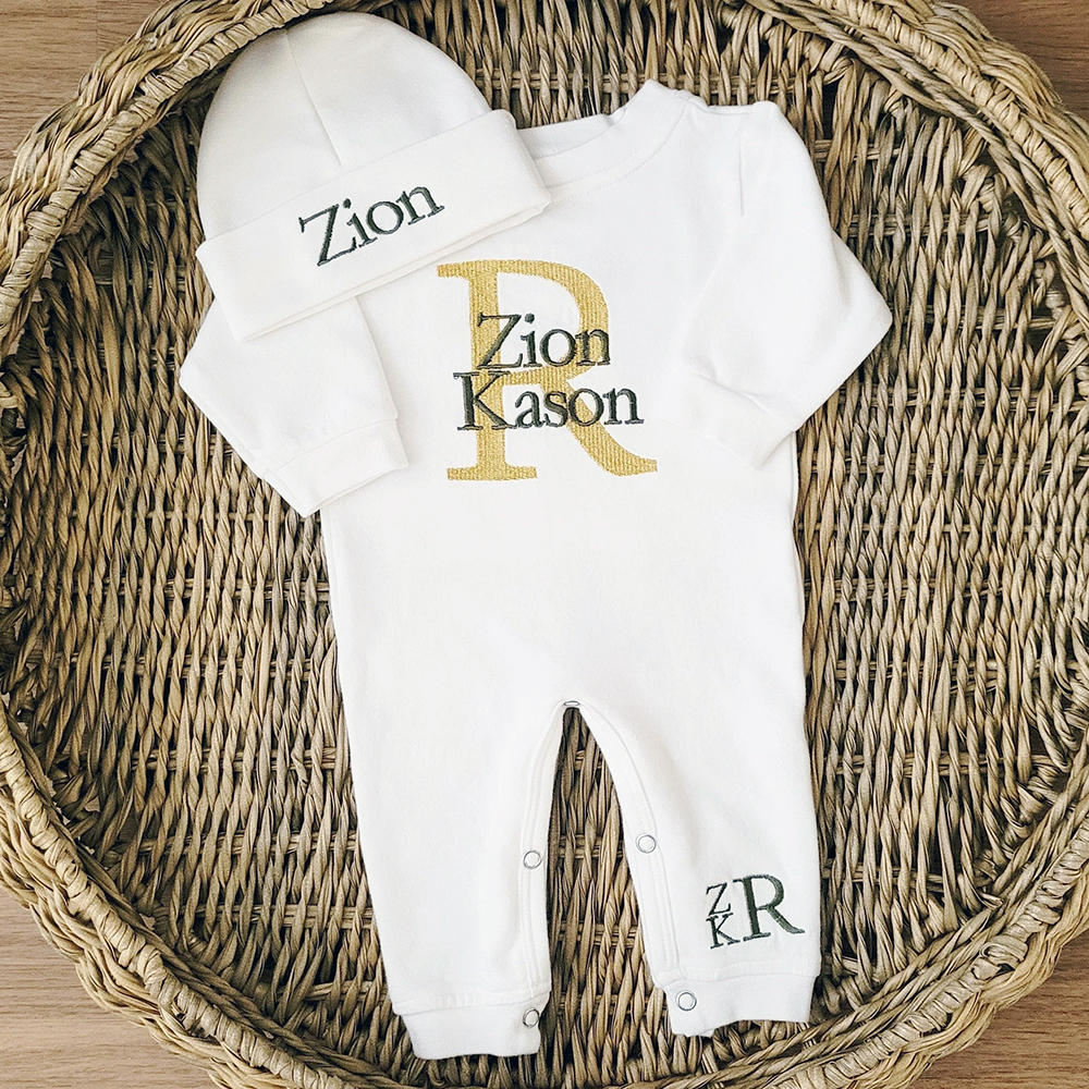 Personalized Embroidery Monograms Baby Coming Home Ropmer and Hat Set | CWBaby160