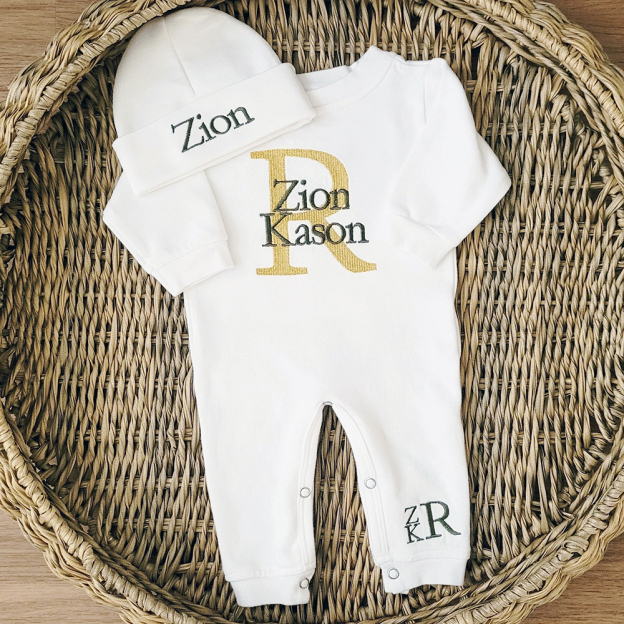 Personalized Embroidery Monograms Baby Coming Home Ropmer and Hat Set | CWBaby160