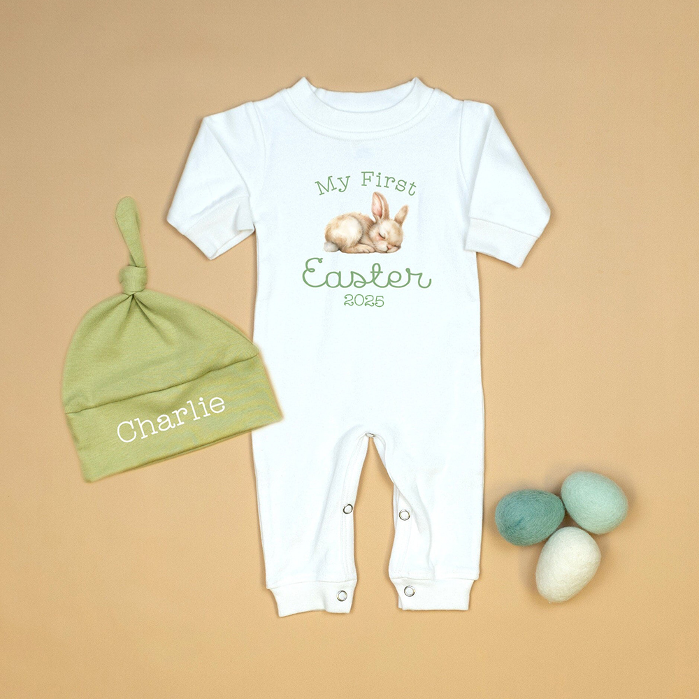 Personalized Baby First Easter Bunny Ropmer and Hat Set | CWBaby183