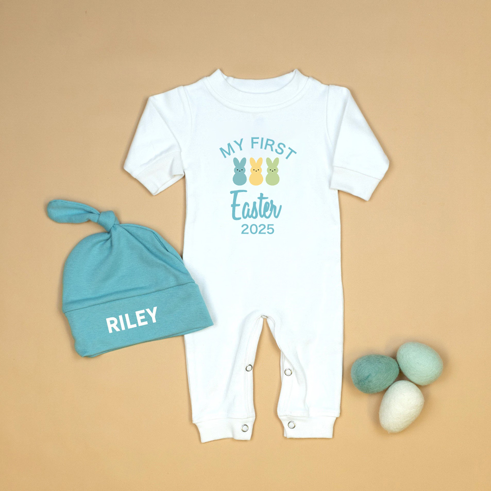 Personalized Baby Lovely First Easter Ropmer and Hat Set | CWBaby181