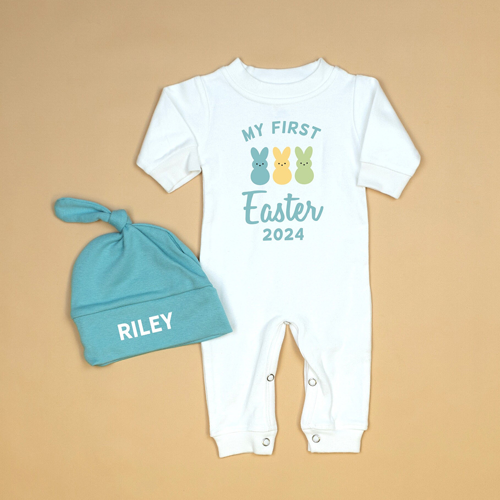 Personalized Baby Lovely First Easter Ropmer and Hat Set | CWBaby181