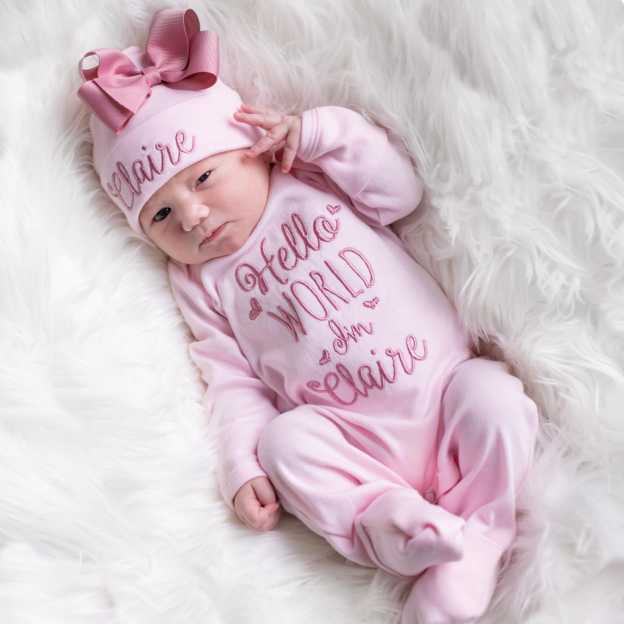 Personalized Embroidery Baby Girl Coming Home Romper and Hat Set | CWBaby441