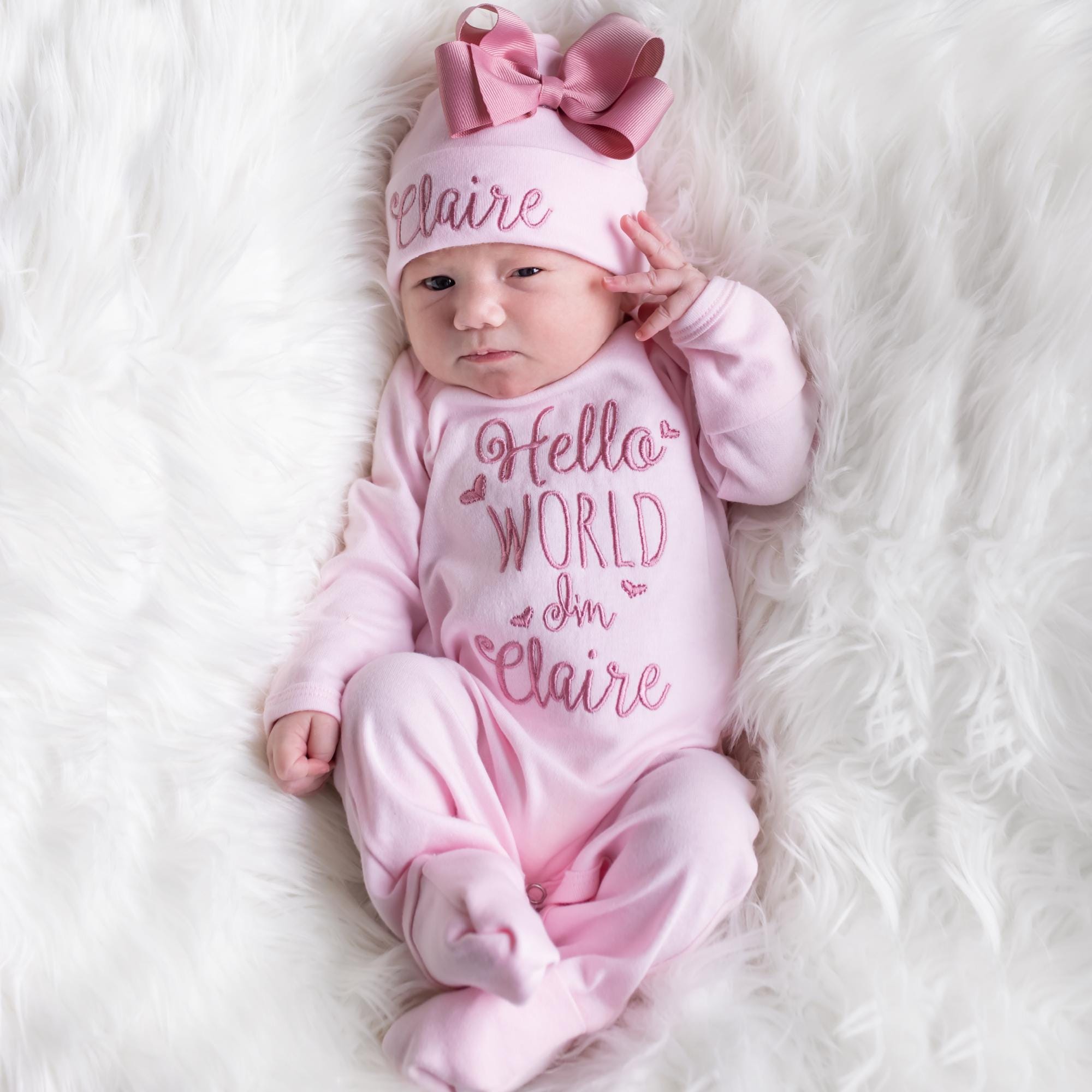 Personalized Embroidery Baby Girl Coming Home Romper and Hat Set | CWBaby441