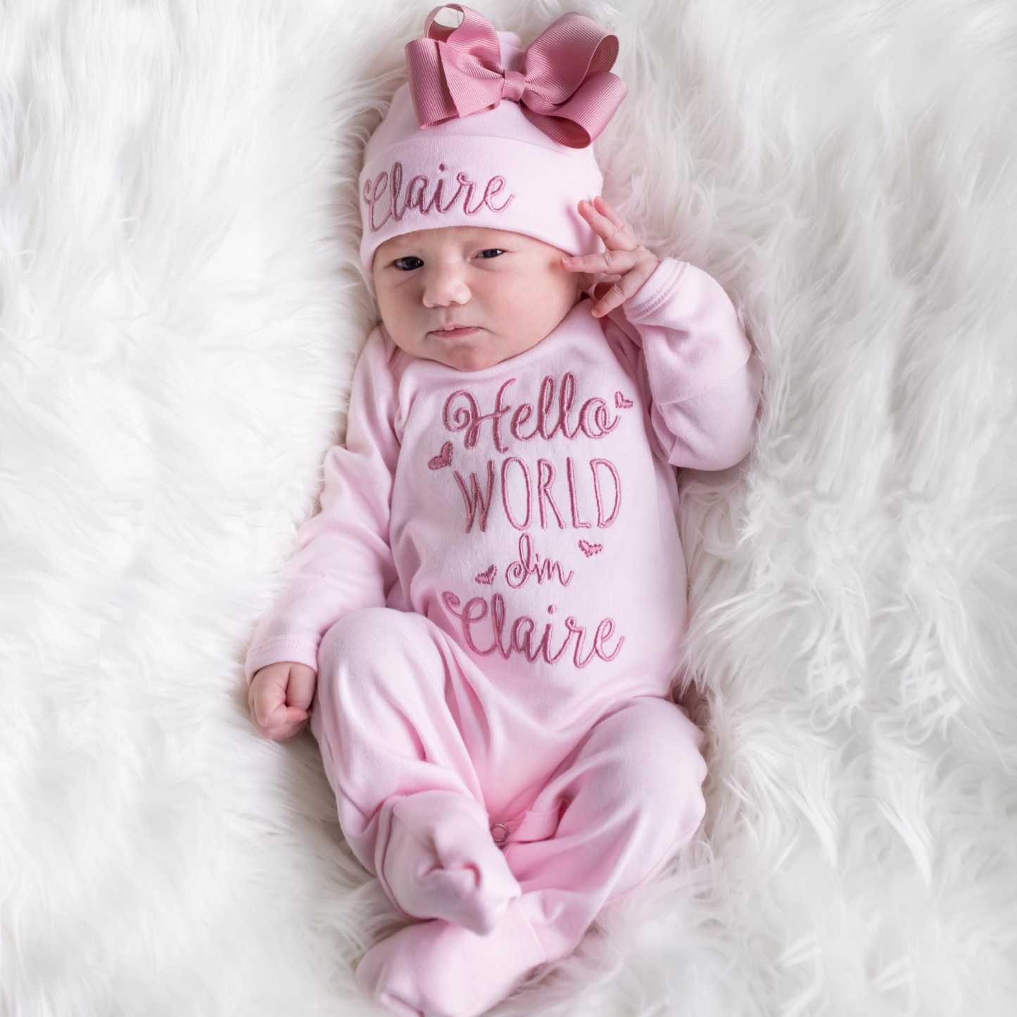 Personalized Embroidery Baby Girl Coming Home Romper and Hat Set | CWBaby441