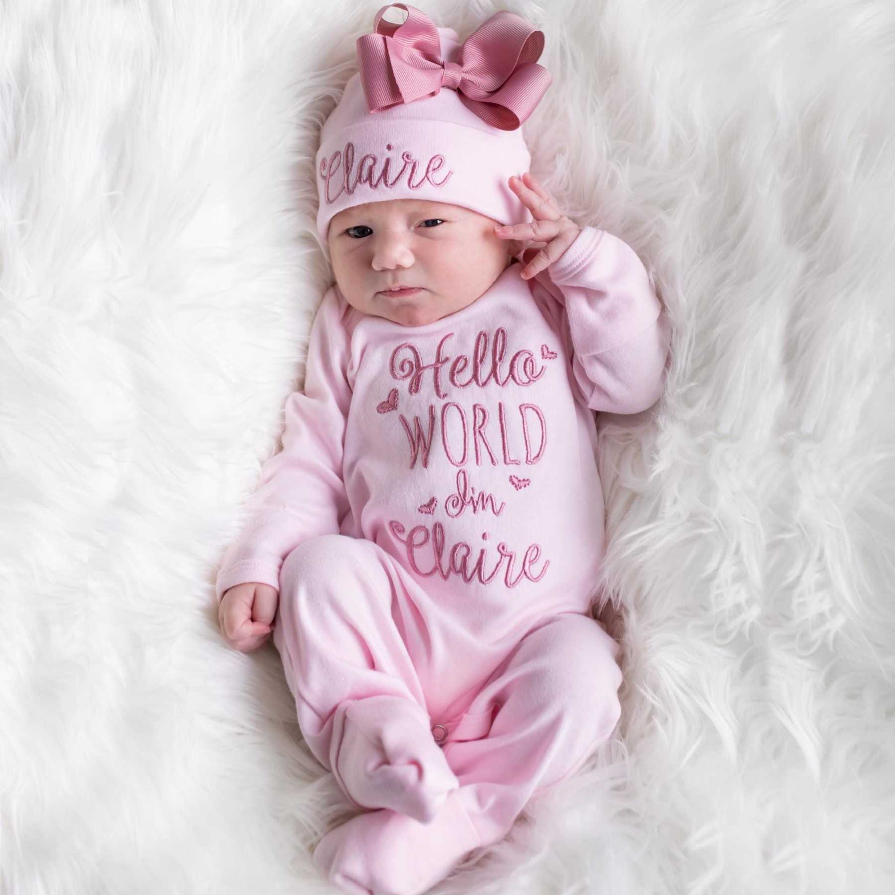 Personalized Embroidery Baby Girl Coming Home Romper and Hat Set | CWBaby441