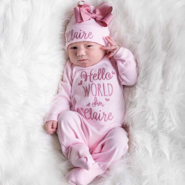 Personalized Embroidery Baby Girl Coming Home Romper and Hat Set | CWBaby441