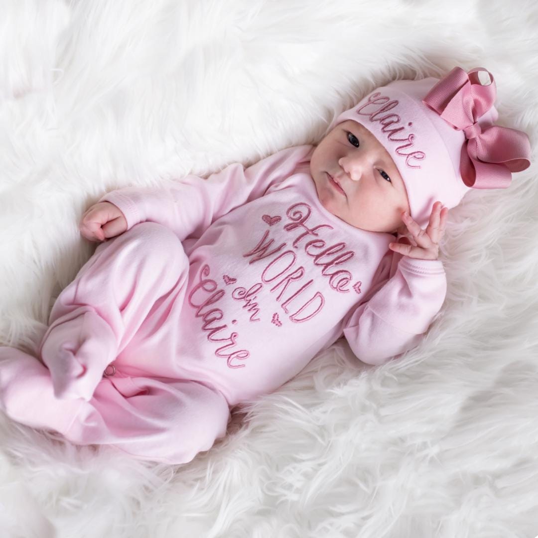 Personalized Embroidery Baby Girl Coming Home Romper and Hat Set | CWBaby441