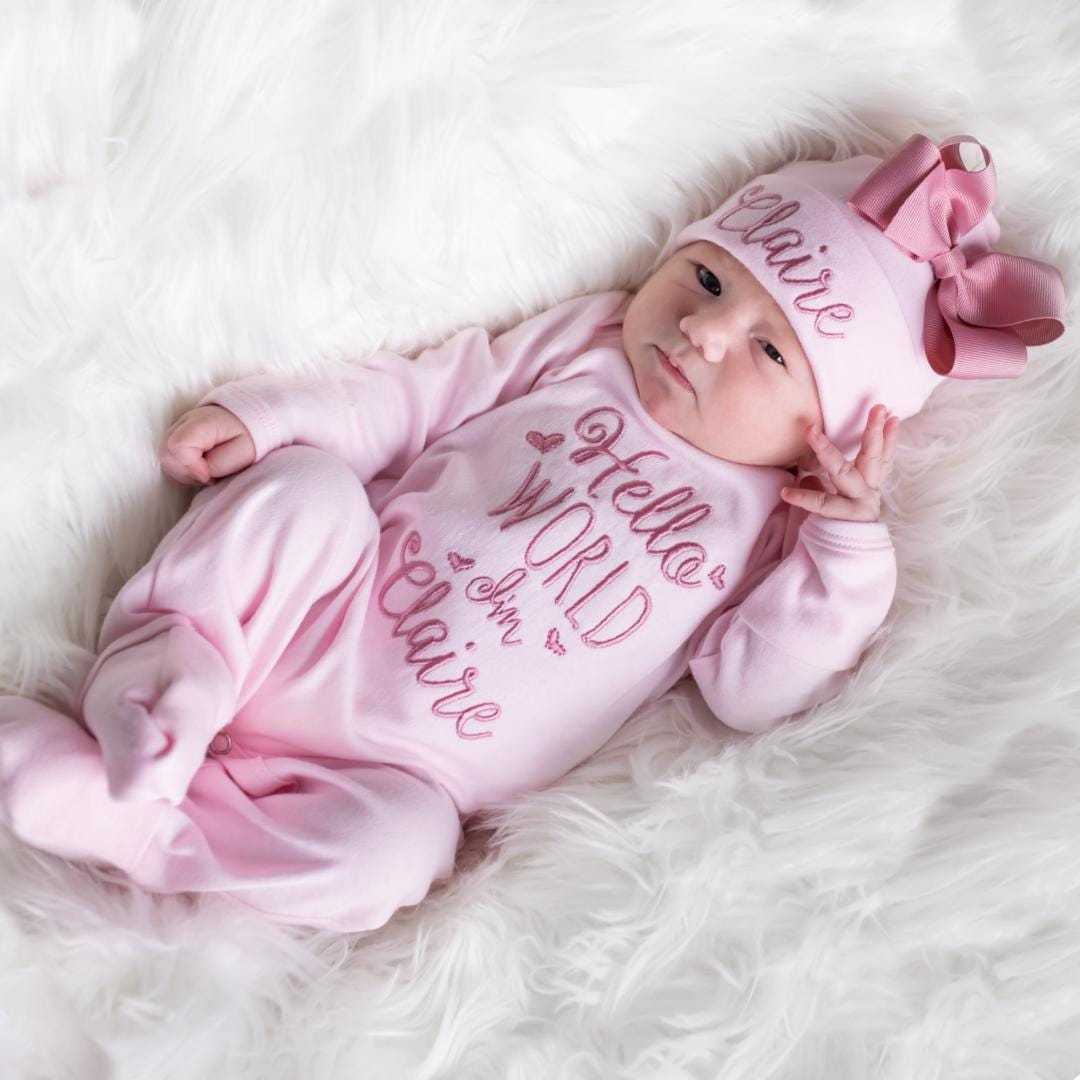 Personalized Embroidery Baby Girl Coming Home Romper and Hat Set | CWBaby441