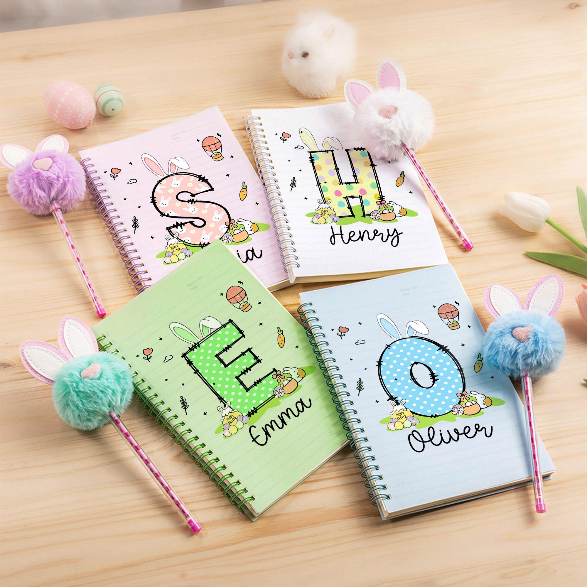 Personalised Easter Bunny Eggs Notebook and Pom-Pen Set | CWToy177