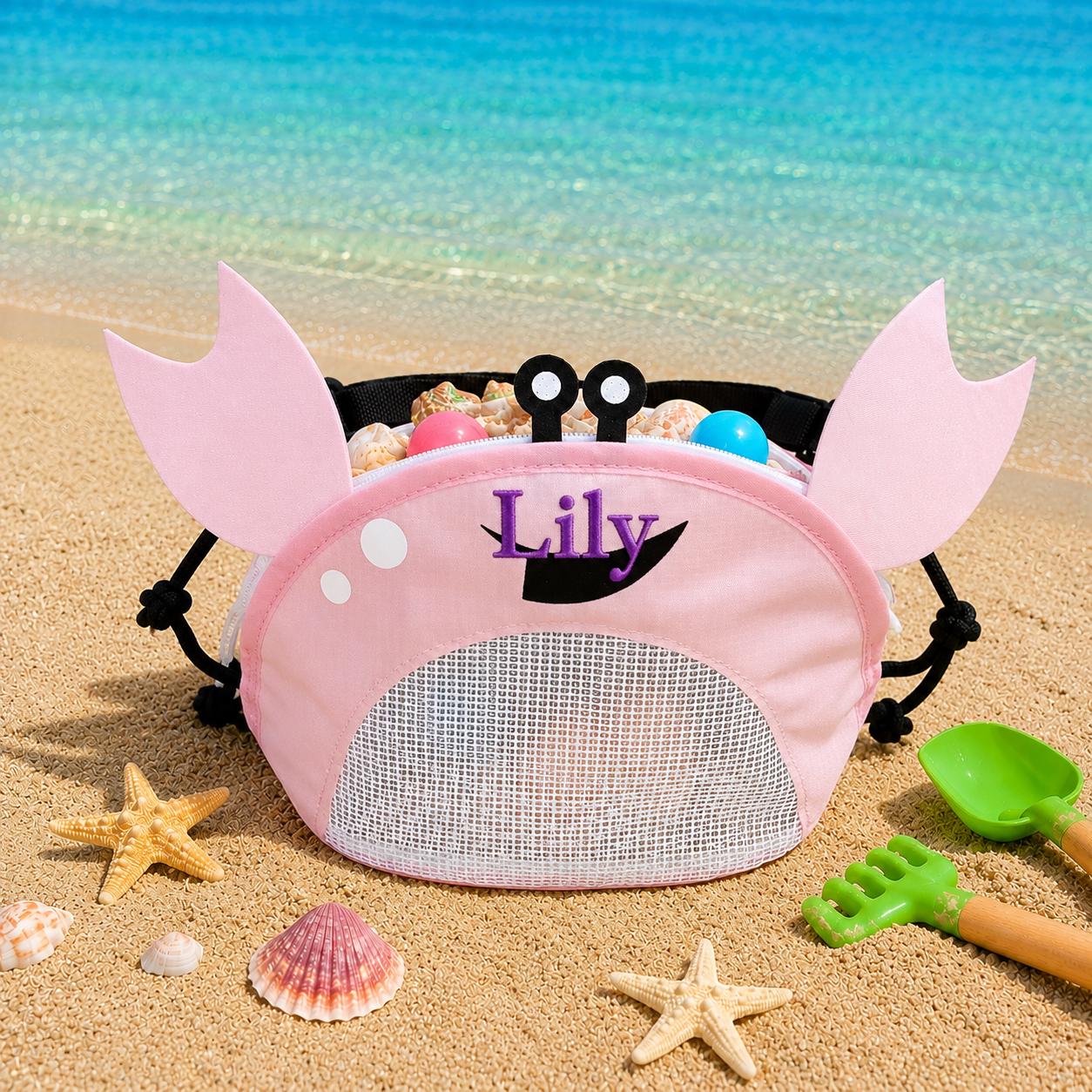 Personalized Embroidery Crab Seashell Zipper Mesh Beach Bag | CWBeach255