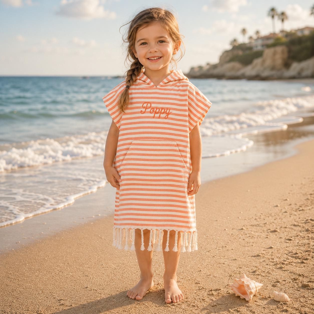Personalized Embroidered Kids Stripe Hooded Beach Poncho | CWBeach262