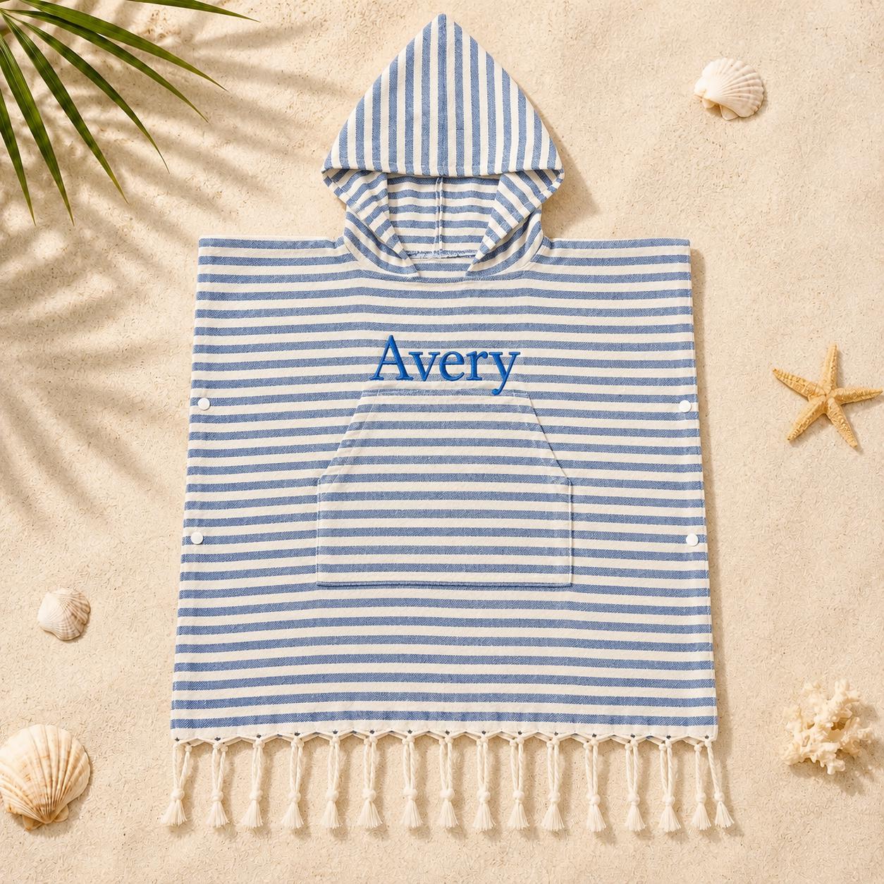 Personalized Embroidered Kids Stripe Hooded Beach Poncho | CWBeach262