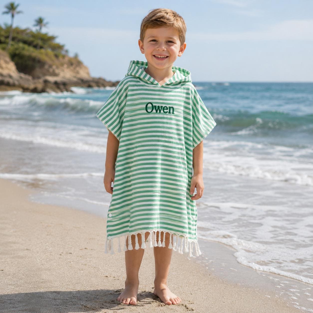 Personalized Embroidered Kids Stripe Hooded Beach Poncho | CWBeach262