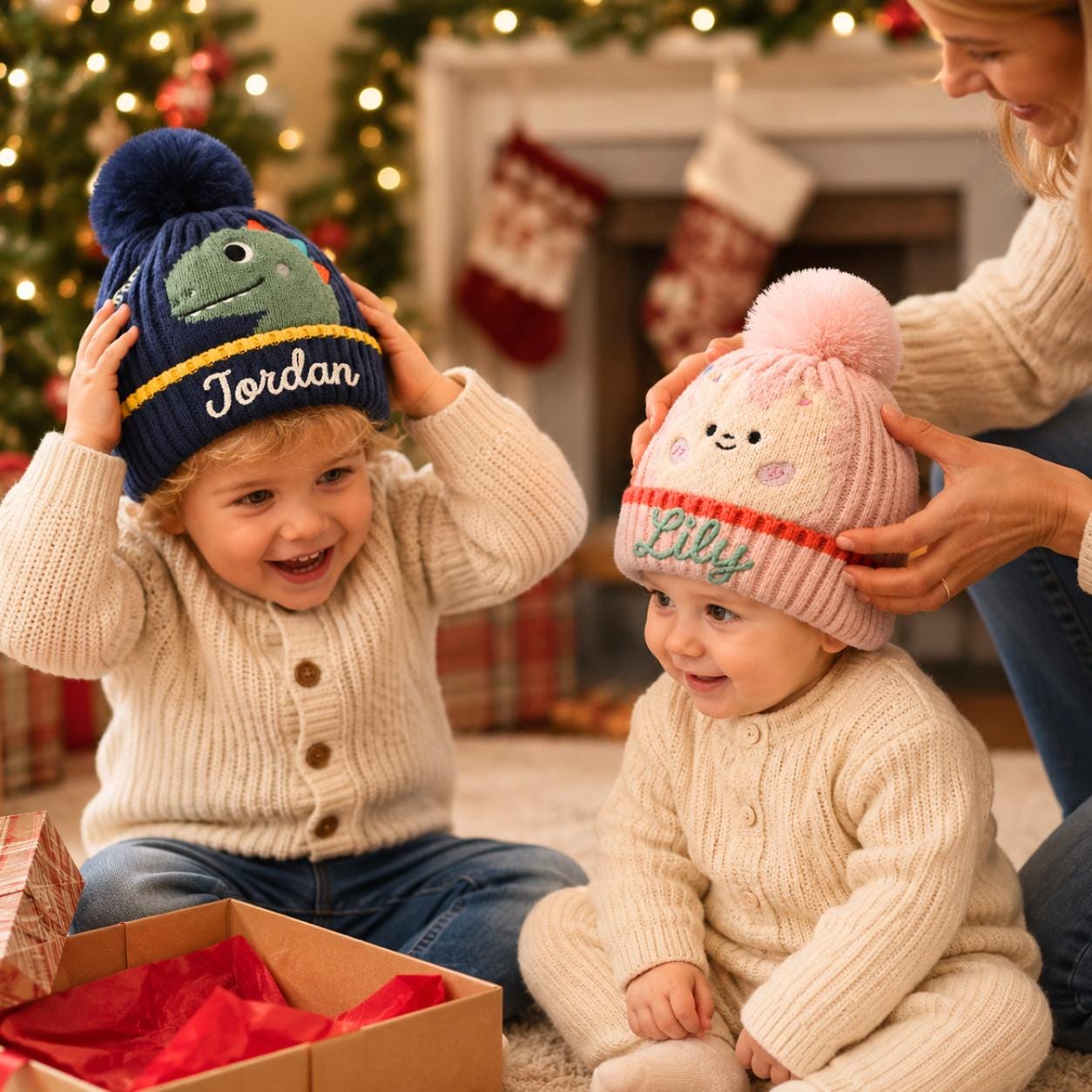 Personalized Hand Embroidery Animal Pom Pom Beanie Winter Hat | HSKid90