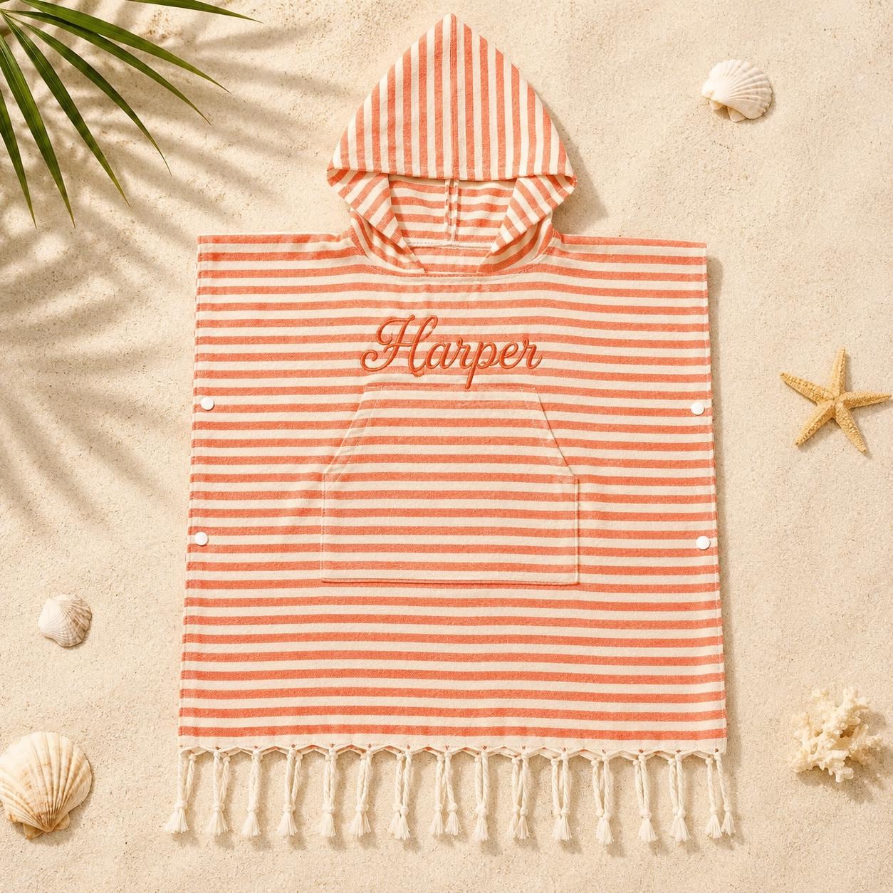 Personalized Embroidered Kids Stripe Hooded Beach Poncho | CWBeach262
