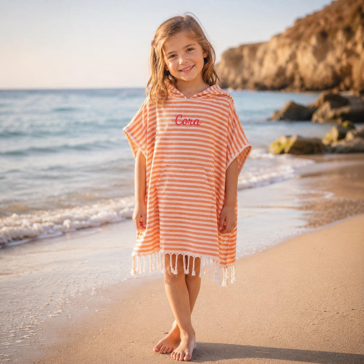 Personalized Embroidered Kids Stripe Hooded Beach Poncho | CWBeach262