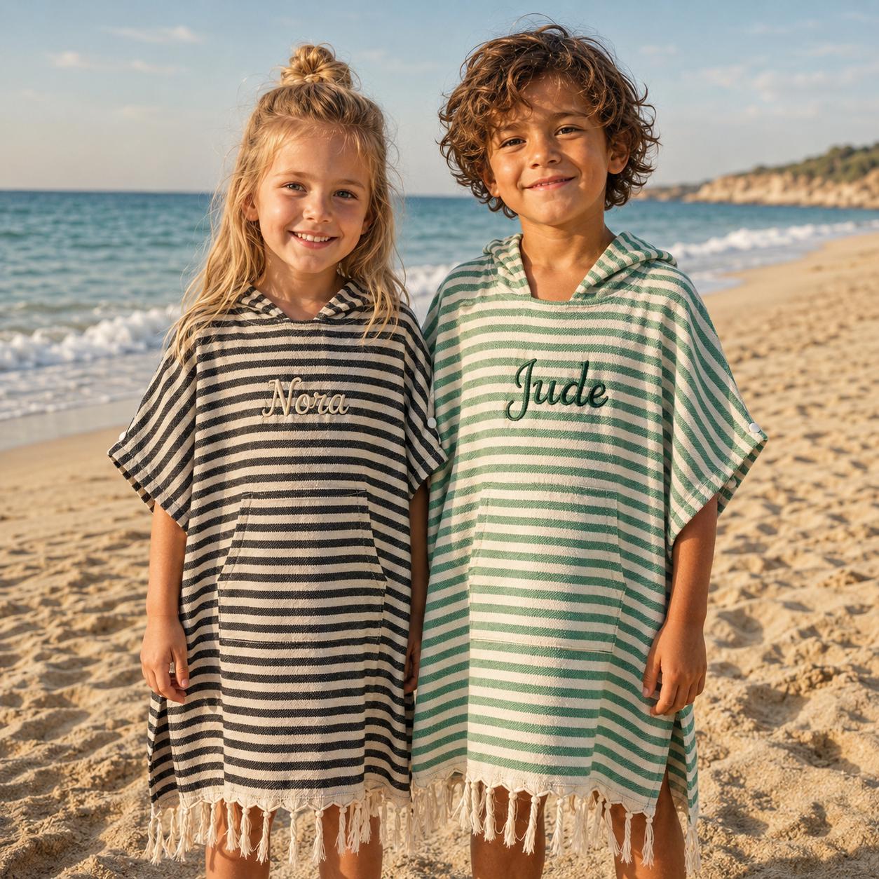Personalized Embroidered Kids Stripe Hooded Beach Poncho | CWBeach262