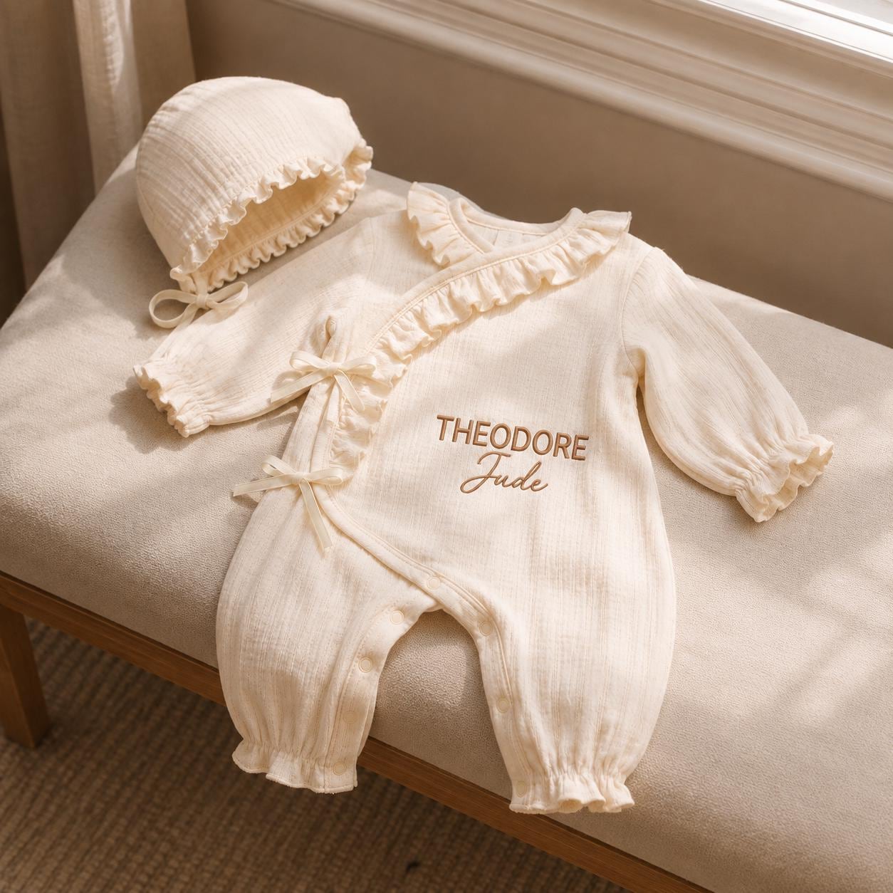 Personalized Embroidery Newborn Cotton Ruffle Wrap Baby Romper & Bonnet Set | CWBaby531