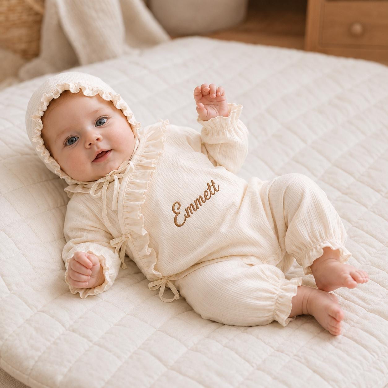 Personalized Embroidery Newborn Cotton Ruffle Wrap Baby Romper & Bonnet Set | CWBaby531