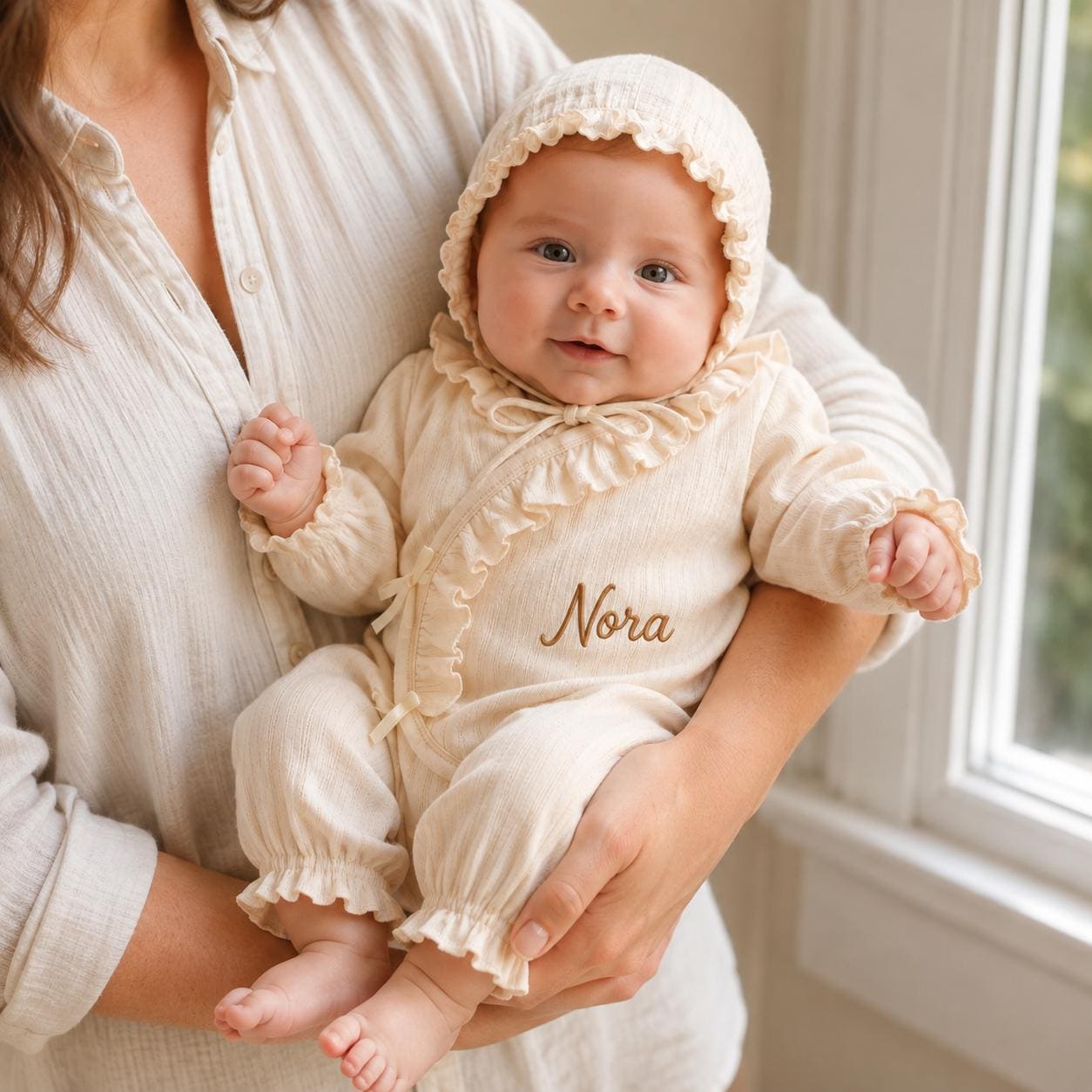 Personalized Embroidery Newborn Cotton Ruffle Wrap Baby Romper & Bonnet Set | CWBaby531