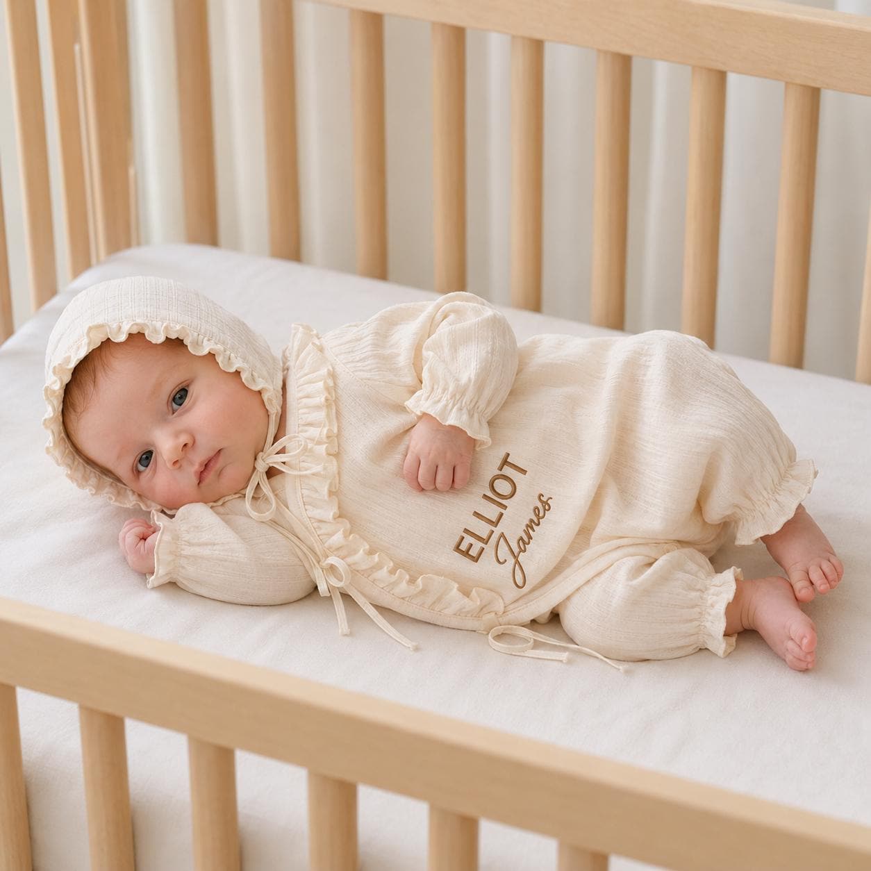 Personalized Embroidery Newborn Cotton Ruffle Wrap Baby Romper & Bonnet Set | CWBaby531