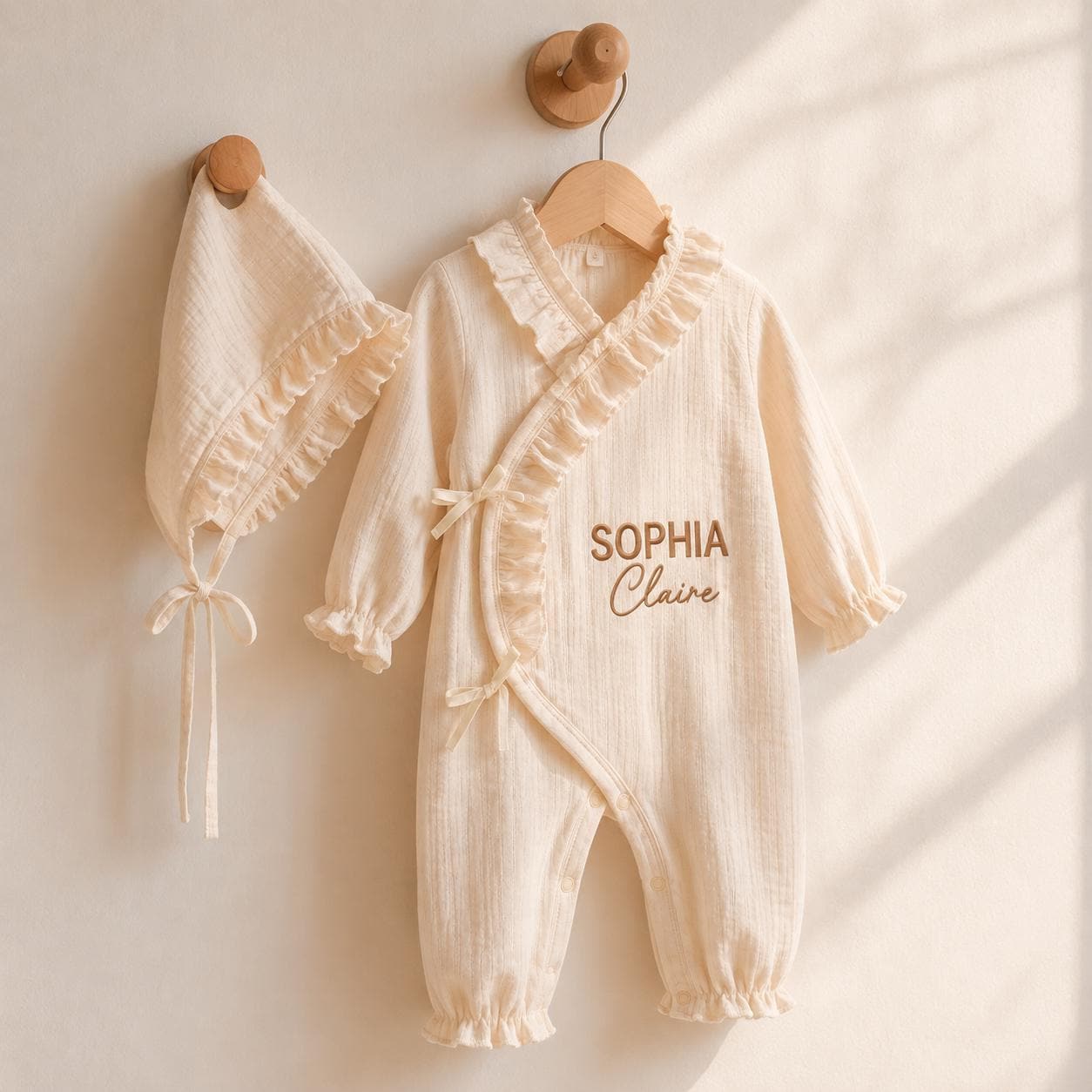 Personalized Embroidery Newborn Cotton Ruffle Wrap Baby Romper & Bonnet Set | CWBaby531